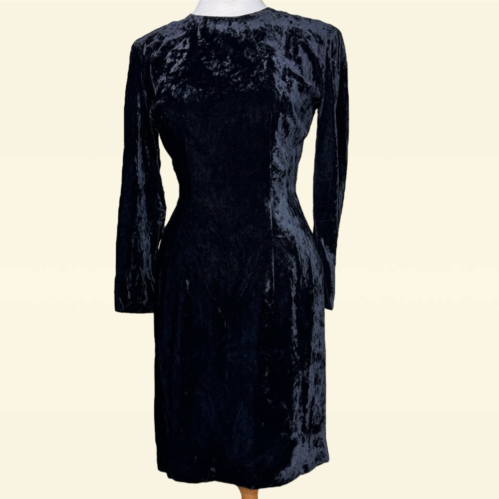 Kamisato Vintage Crushed Velvet Long Sleeve Mini Dress in Black Size 4